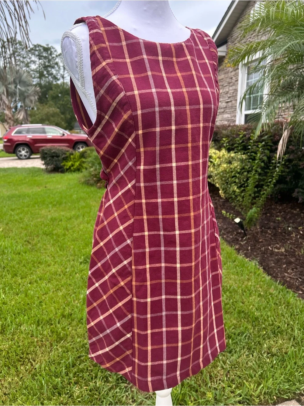 NWT🌷(S) Free People Plaid Printed Boat Neck Sleeveless Back Cut-Out Mini Dress